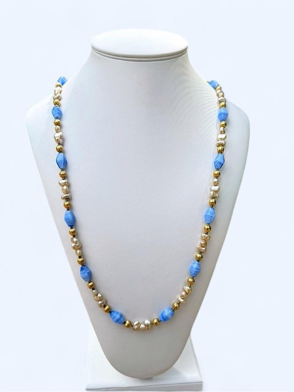 Coastal Boho Blue Marbled Bicone Bead & Natural Freshwater Pearl Necklace